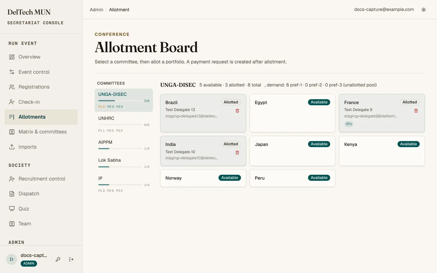 The allotment board showing committees, portfolio cards and unallotted delegates