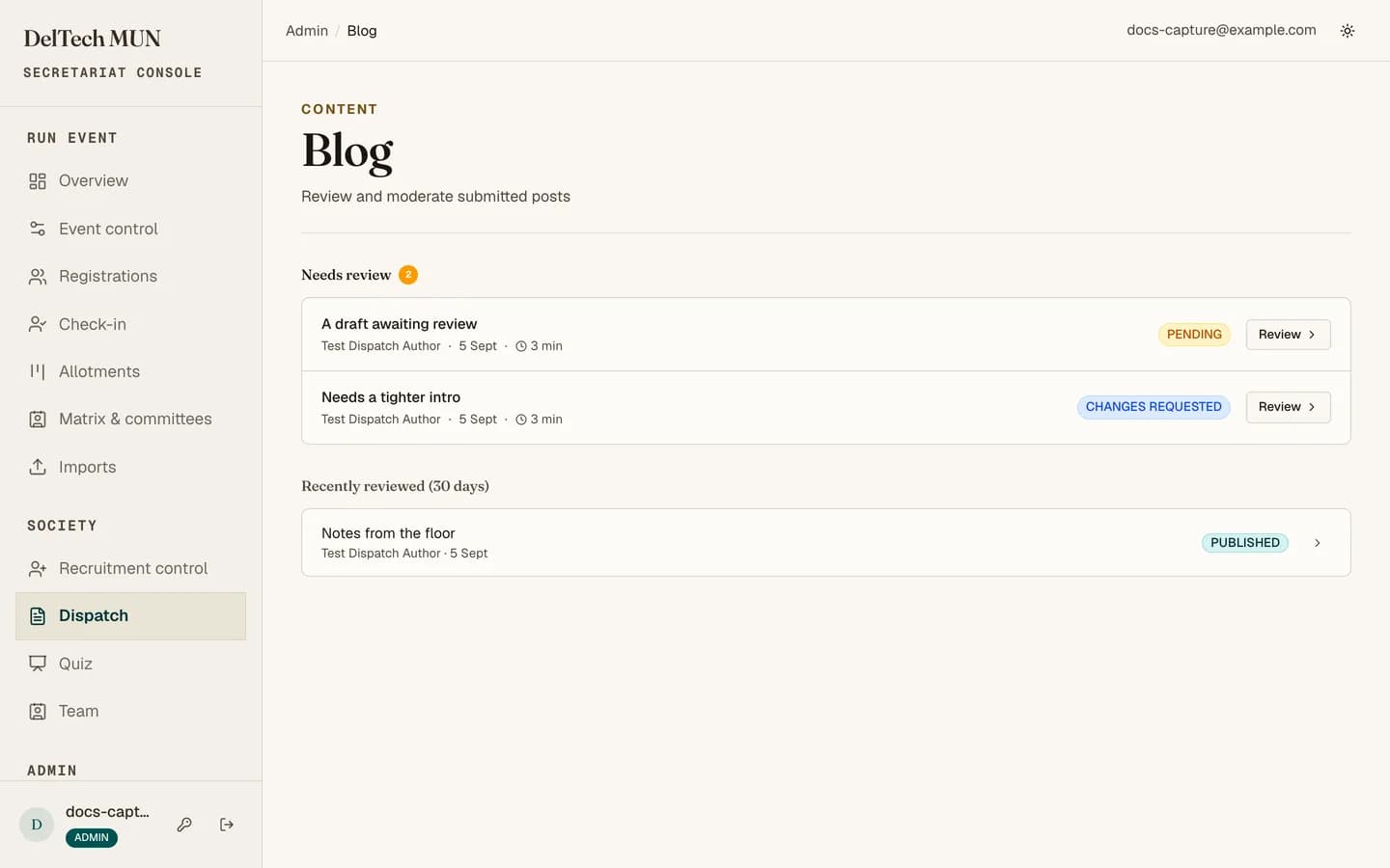 The Dispatch review queue showing articles needing review
