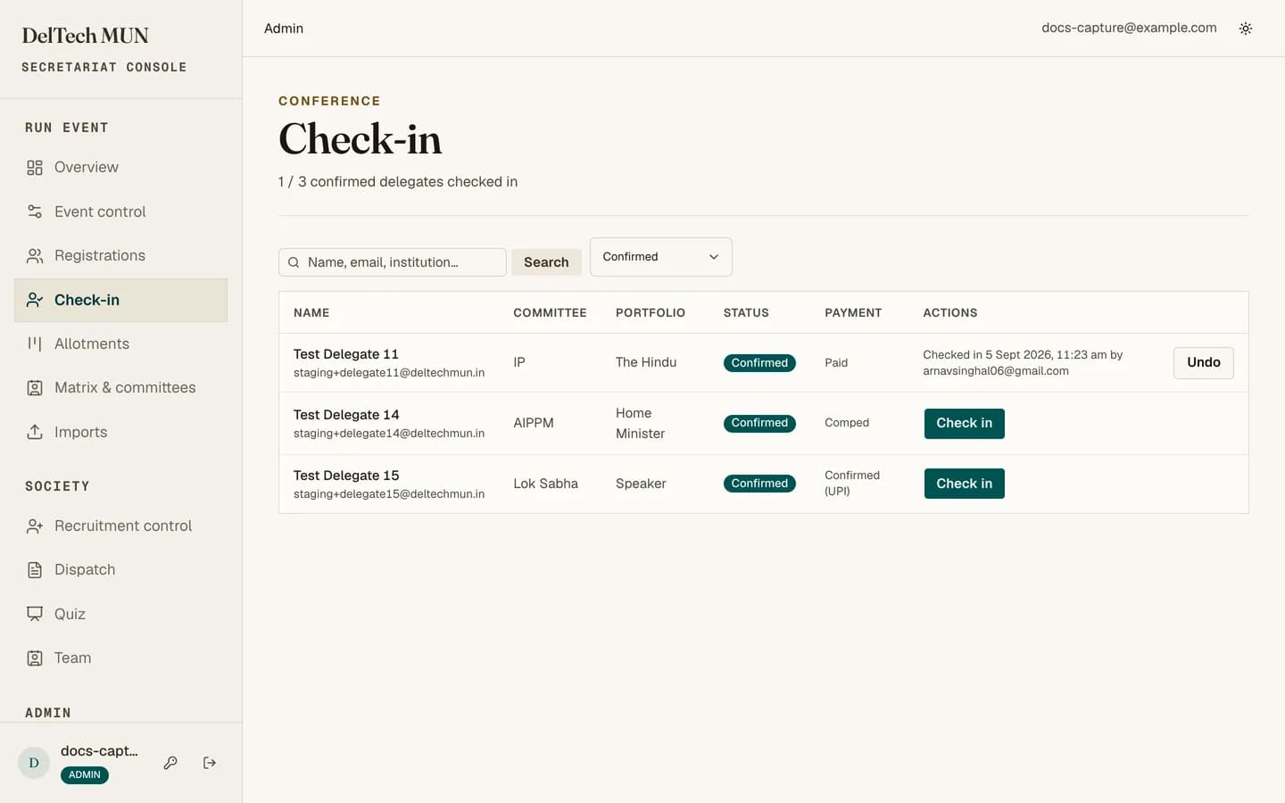 The check-in list with a search box and a confirmed counter