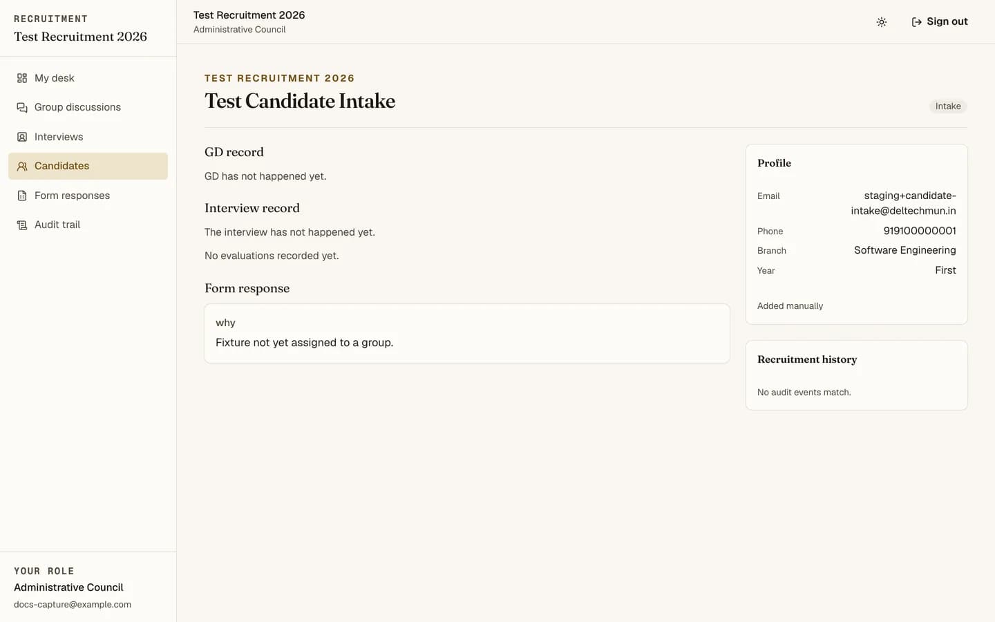 A candidate dossier showing scores, remarks and stage history