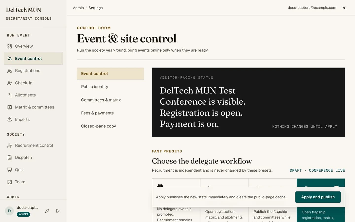 The event control page with mode selection and section switches