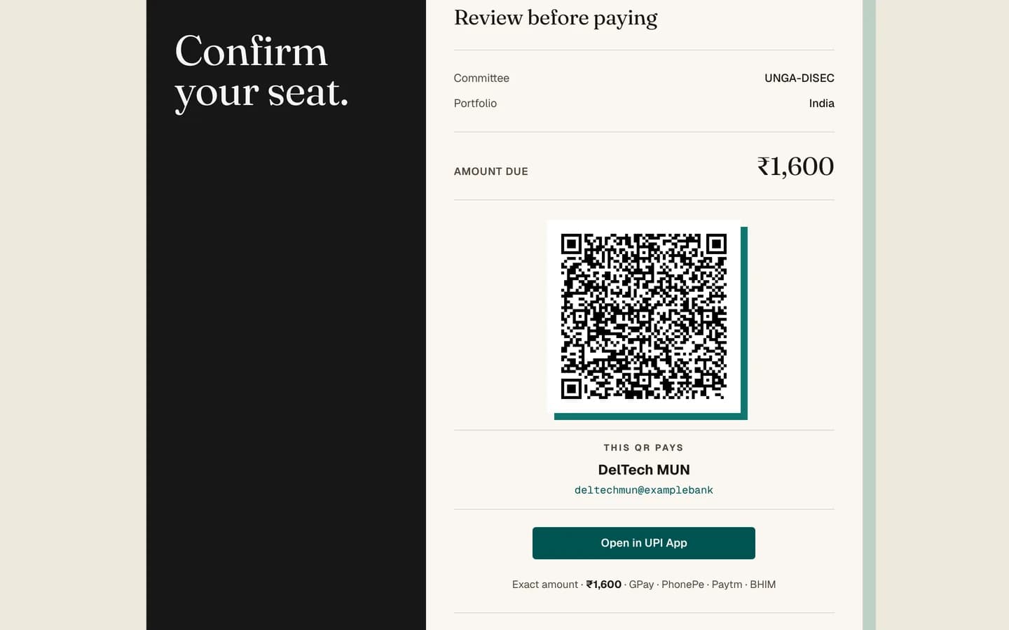 The payment page showing the amount due and a UPI QR code