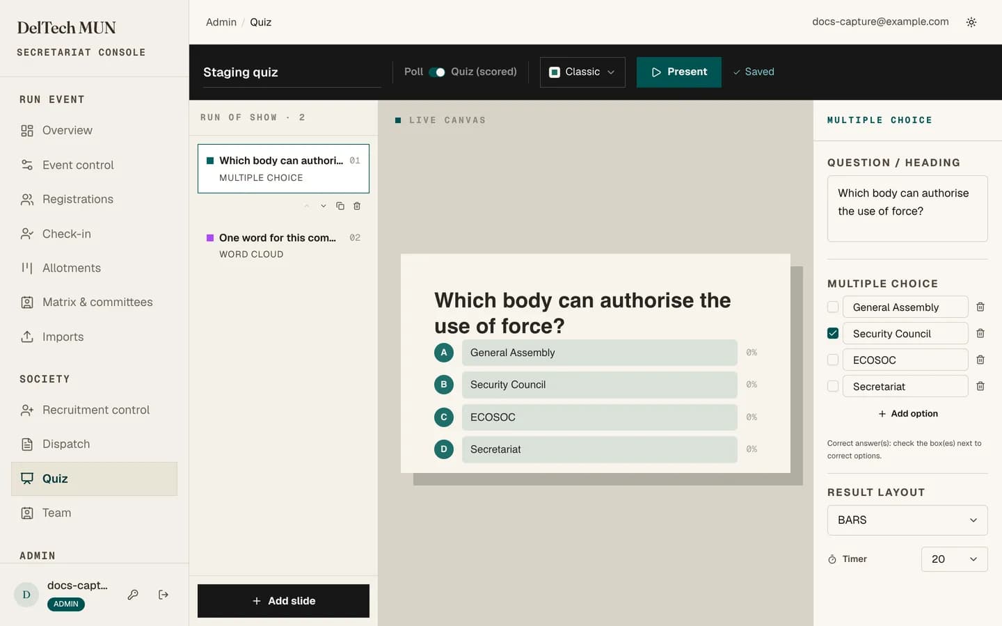 The quiz builder with a slide list, a configuration panel and a live preview