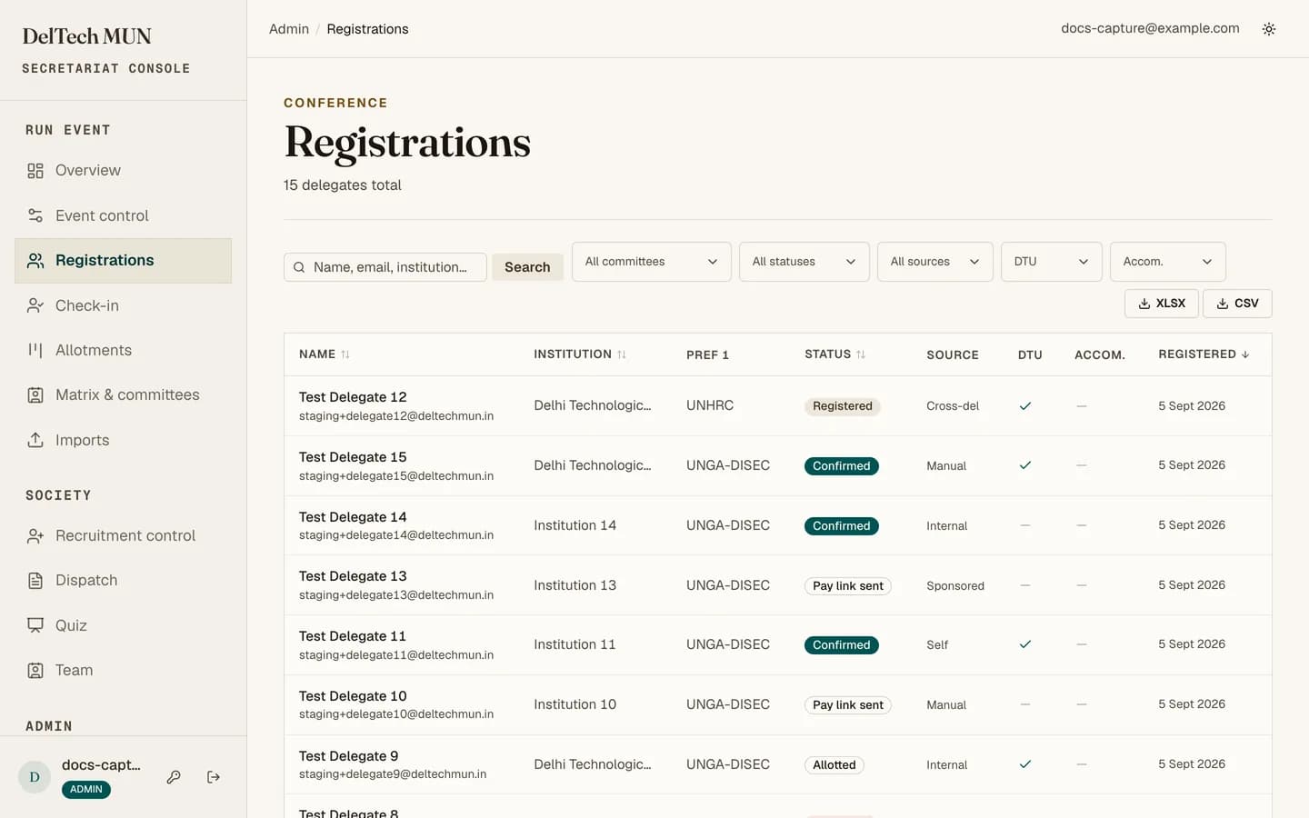 The registrations table with filters above it