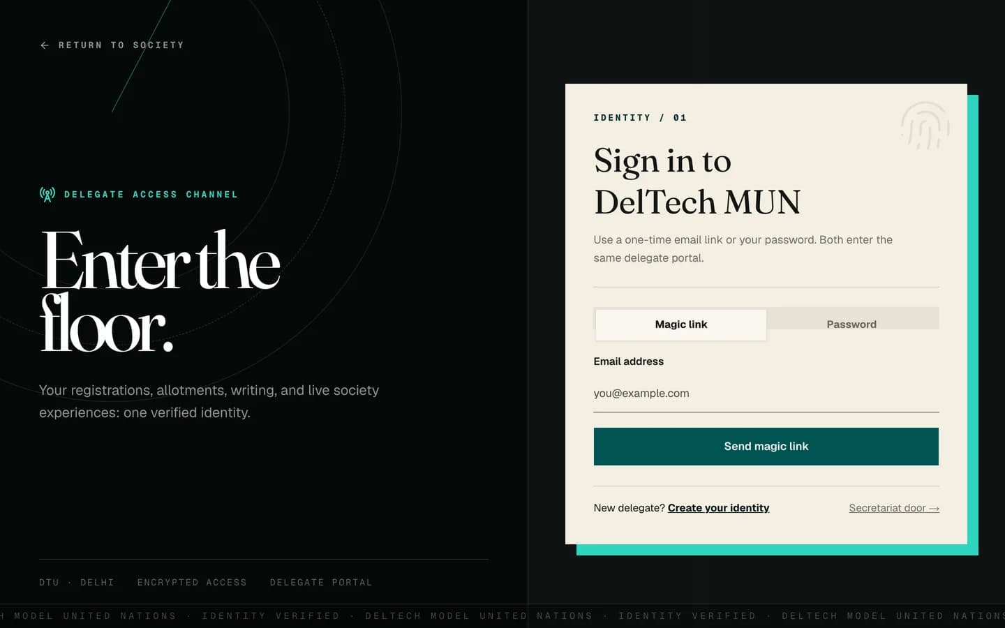 The sign-in page with magic link and password tabs
