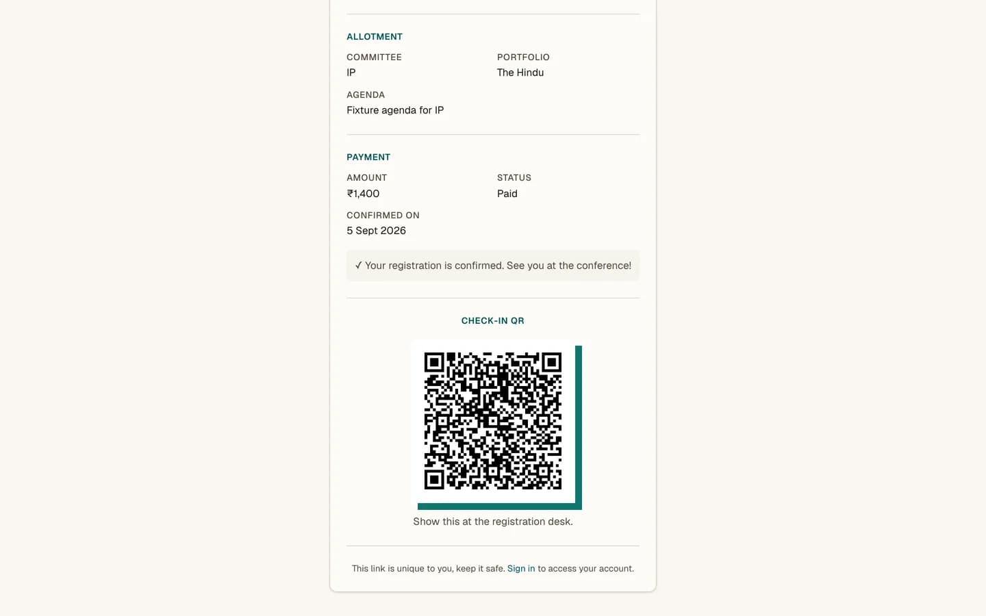 A delegate status page showing status, allotment and payment