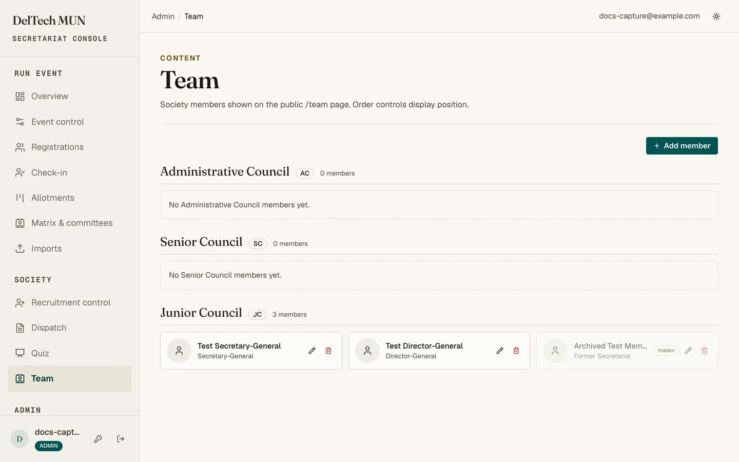 The team manager listing secretariat members with photos and levels