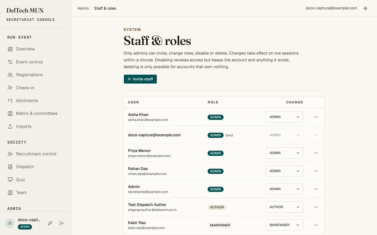 The users page listing staff accounts with their roles