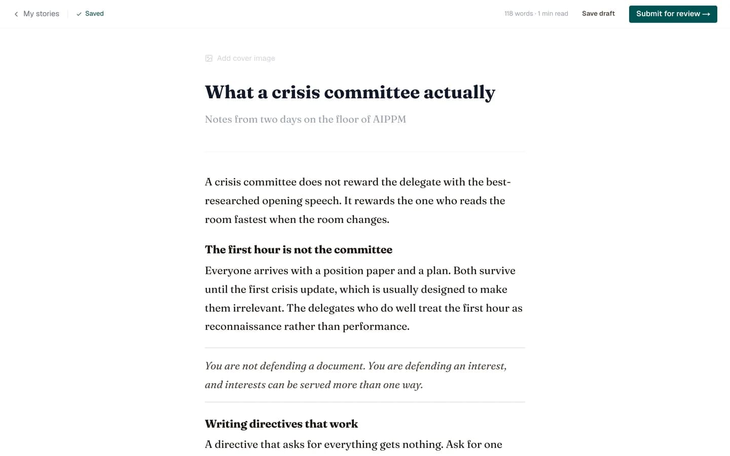 The article editor with a title, cover image and body text