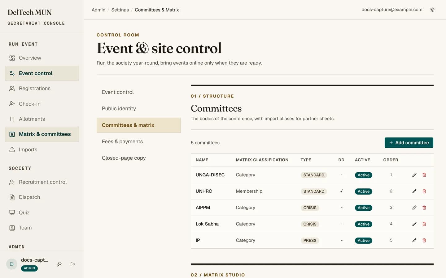 The committees page listing committees with their agendas