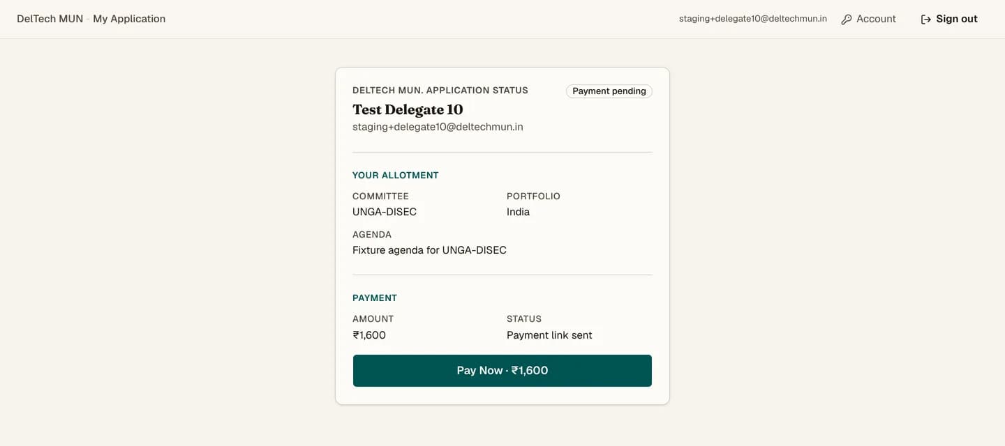 The delegate dashboard showing application status and allotment