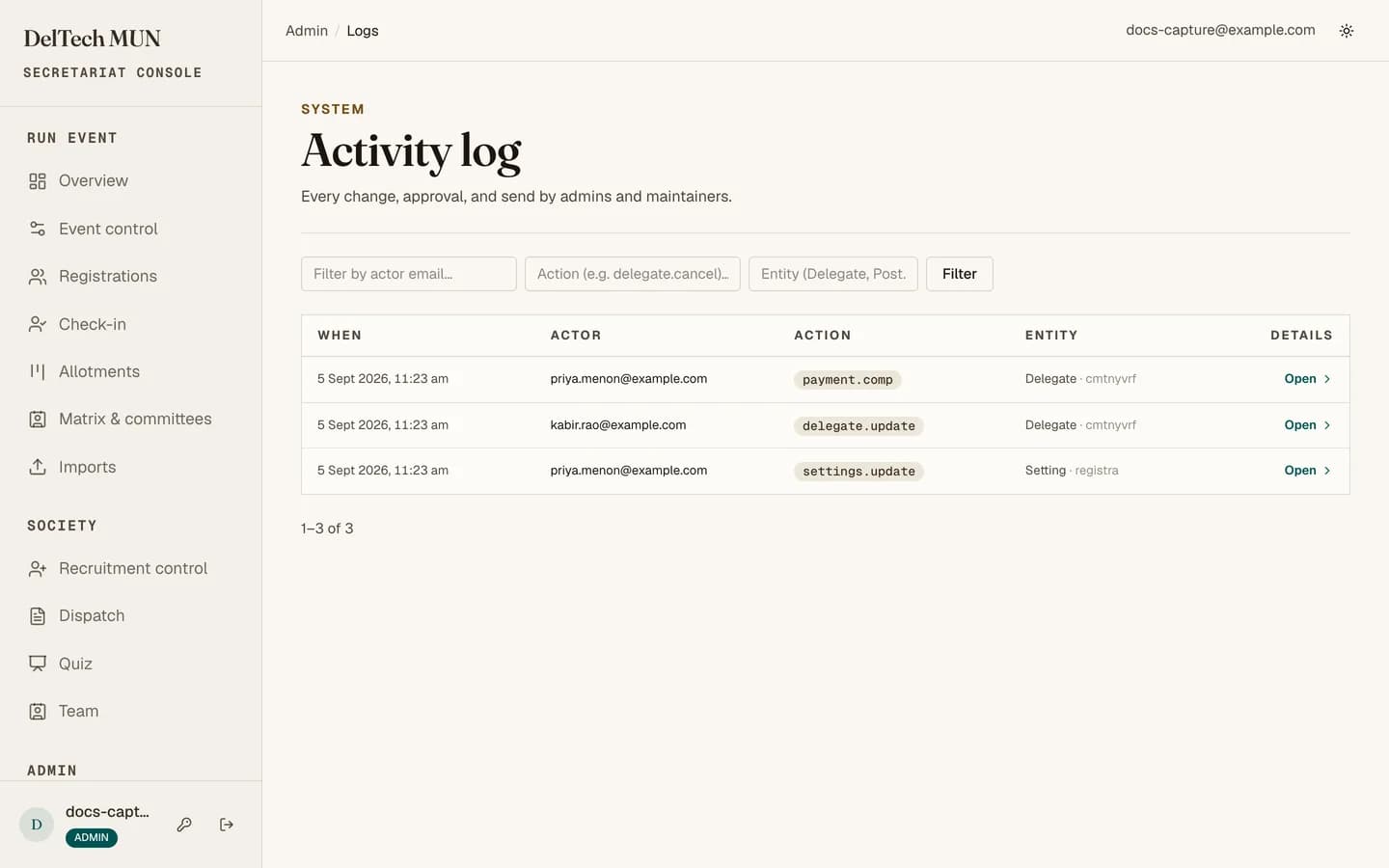 The activity log with filters for actor, action and entity