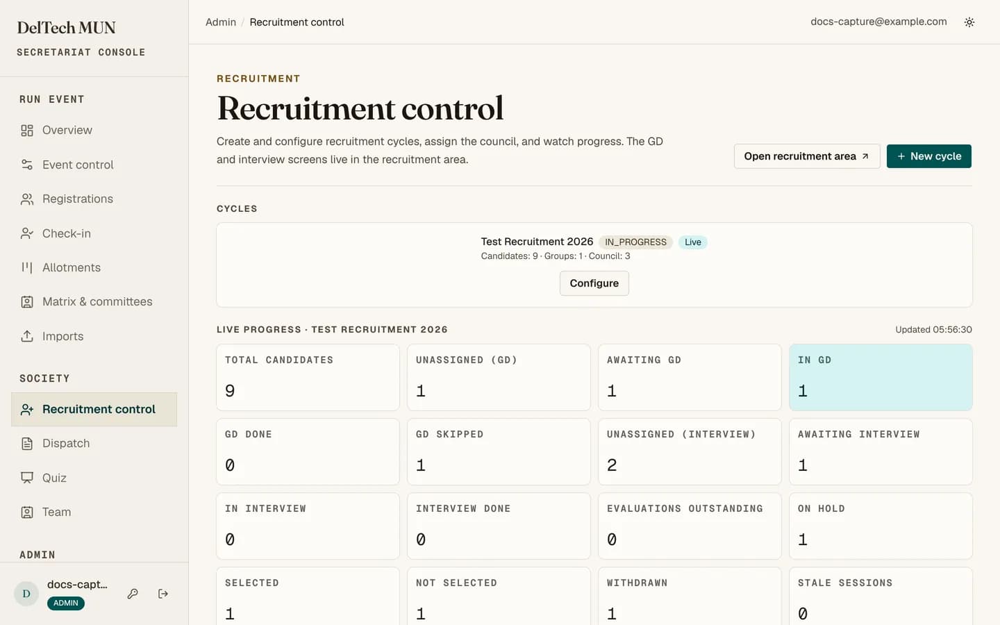 The recruitment control page showing cycle state and live counters