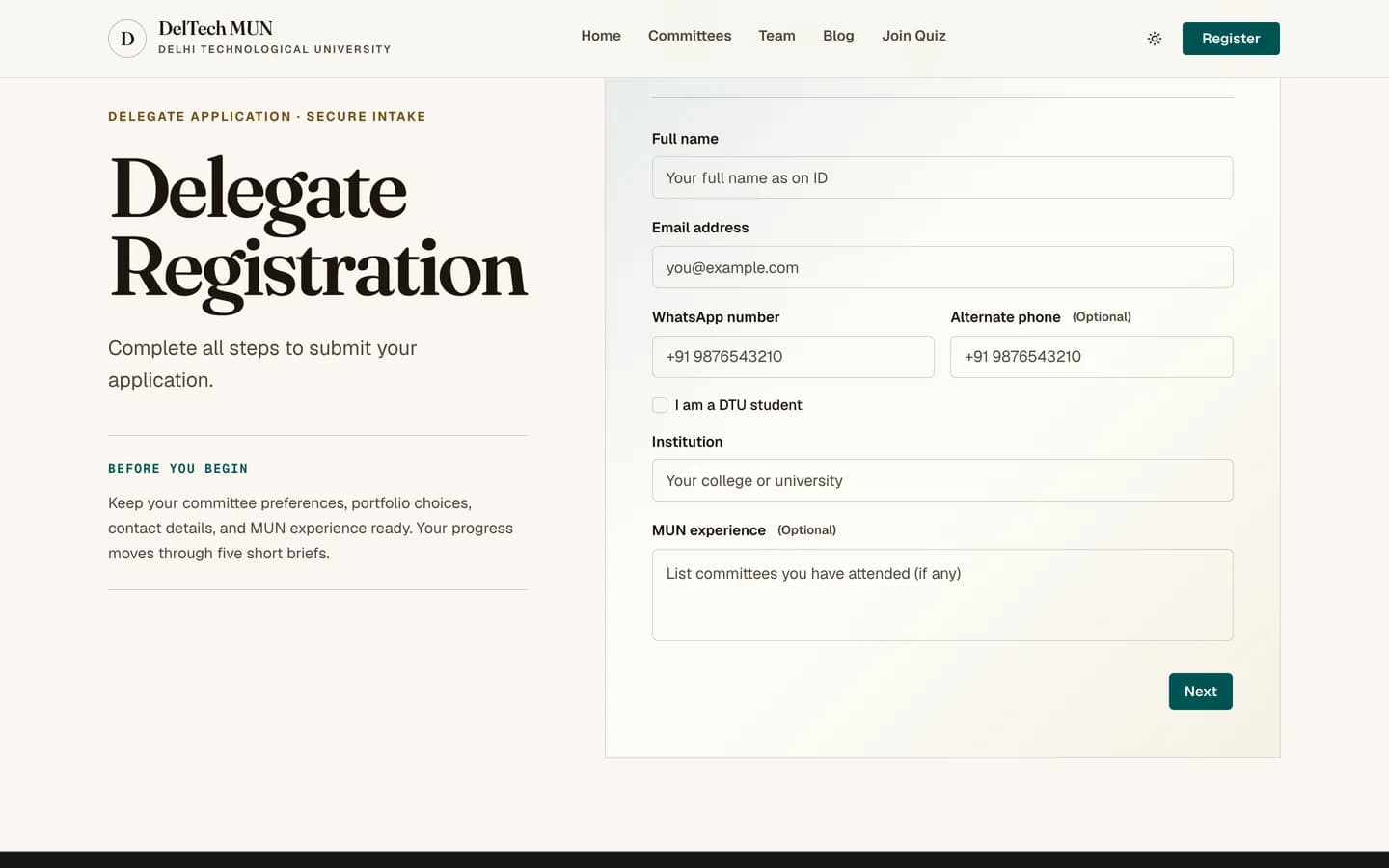 Registration step one, asking for name, email, phone and institution