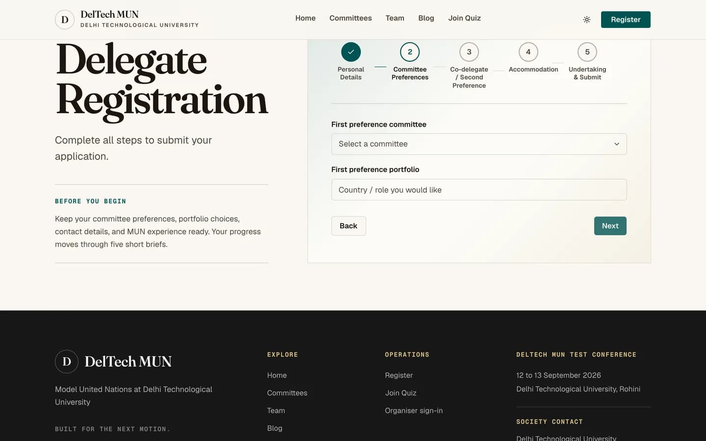 Registration step two, choosing a committee and typing a portfolio